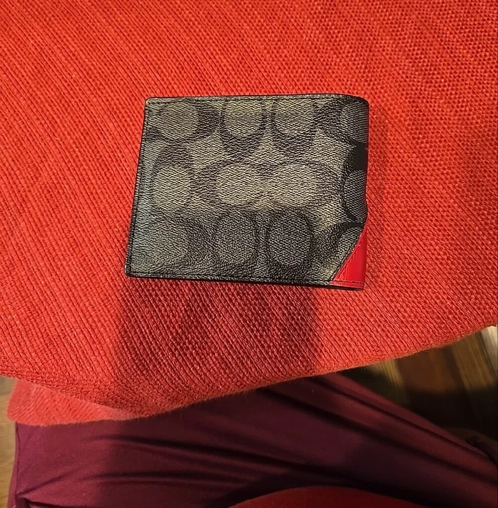 Coach Men's Leather Bifold Wallet with Red, Yellow & Gray Accent